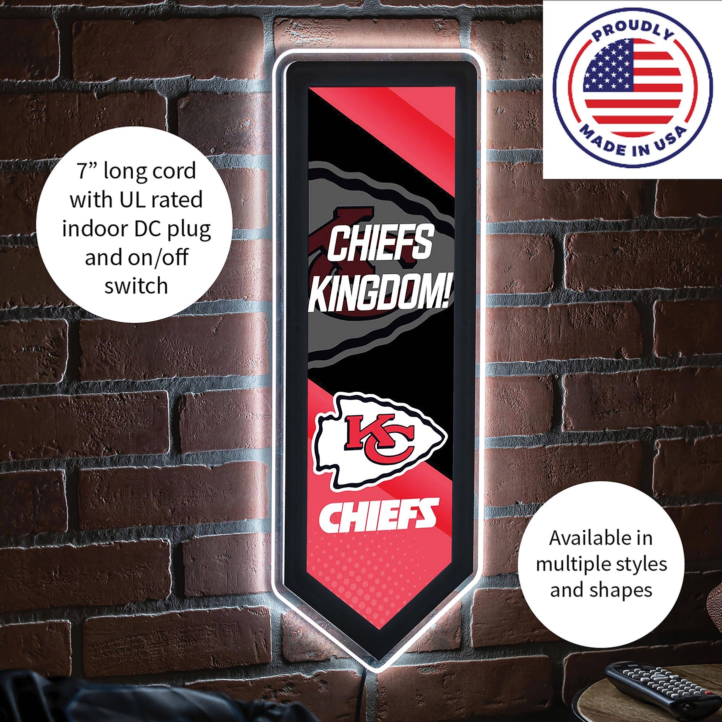 Kansas City Chiefs LED Wall Decor, Chiefs Kingdom Pennant